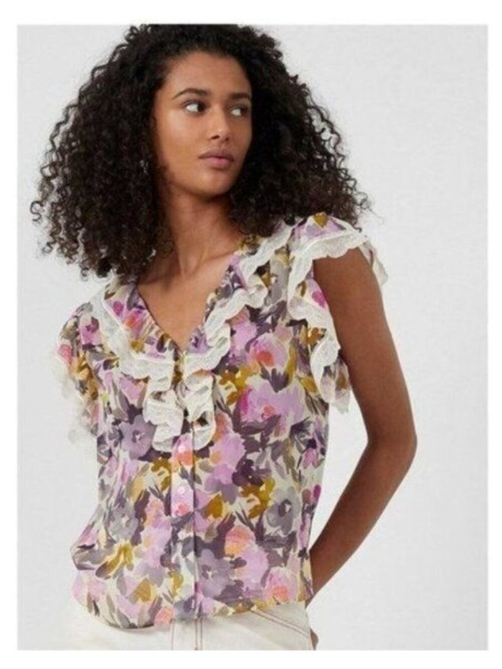FRENCH CONNECTION Catlett Crinkle Lace Ruffle Top - S